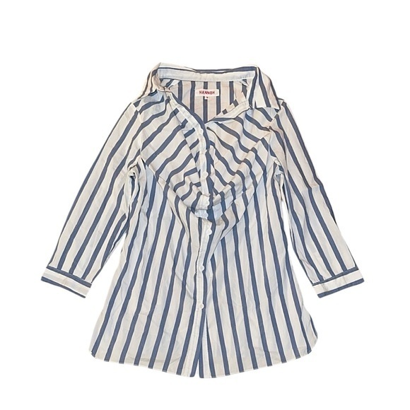 Hannoh Blue White Vertical Striped Cotton Ruched Button Down Shirt 38